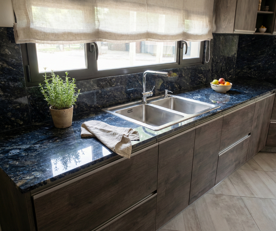 Cocina con mesada y frente de granito azul